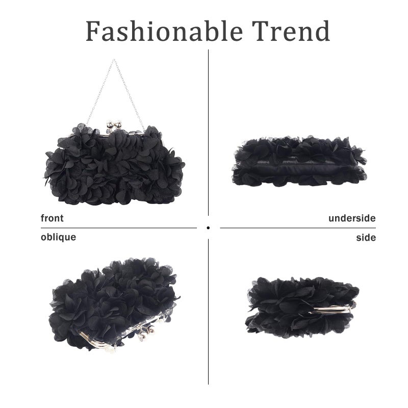 JAMBHALA Women Elegant Evening Purse, Small Floral Clutch Bag with Detachable Chain for Wedding, Party, Prom (Black) - Image 5