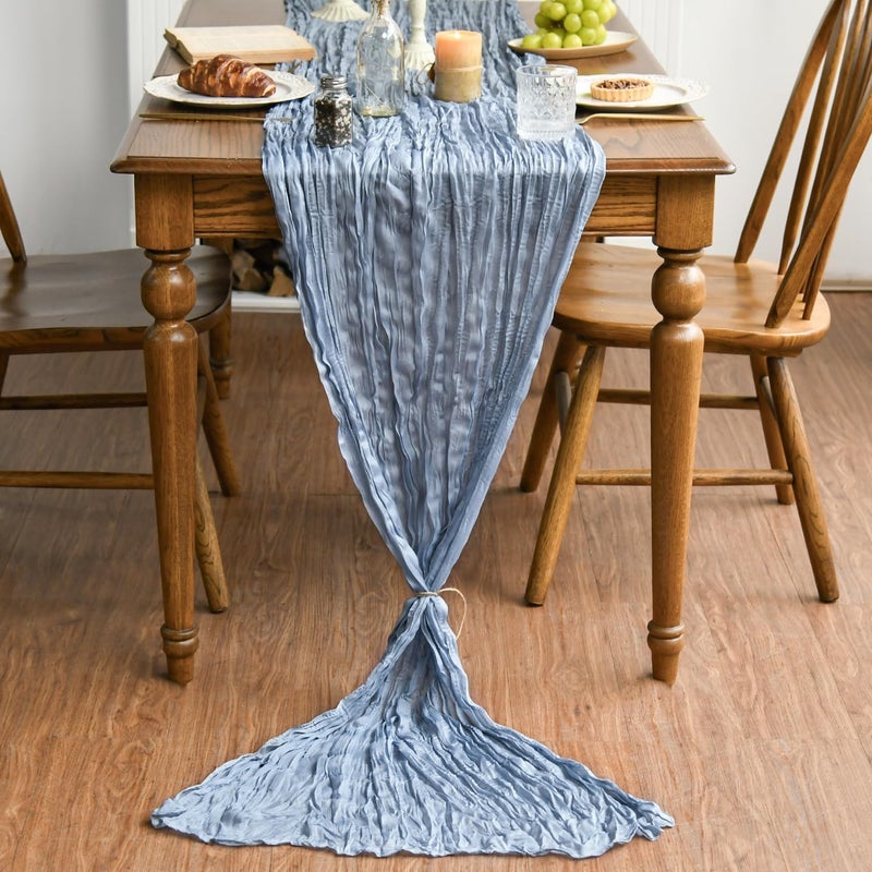 Artoid Mode Boho Dusty Blue Gauze Wedding Cheesecloth Table Runner, 35x120 Inch Seasonal Fabric Kitchen Dining Holiday Table Decor for Home Party - Image 2