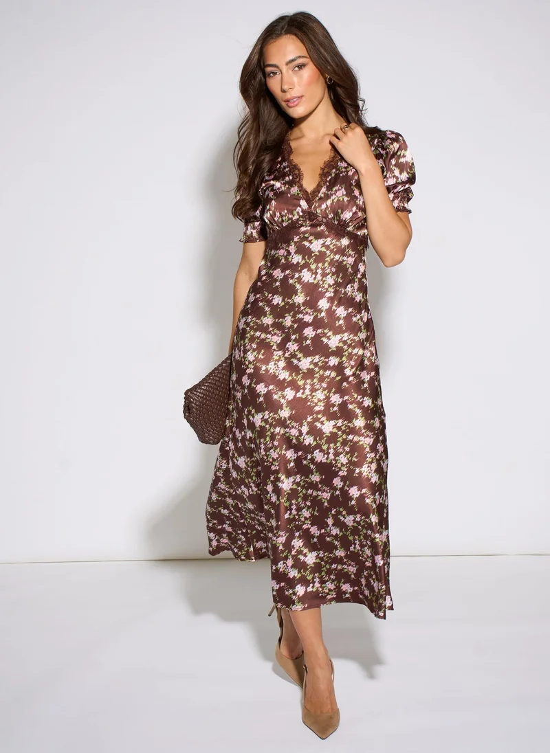 Brown Satin Floral Lace Midi Dress