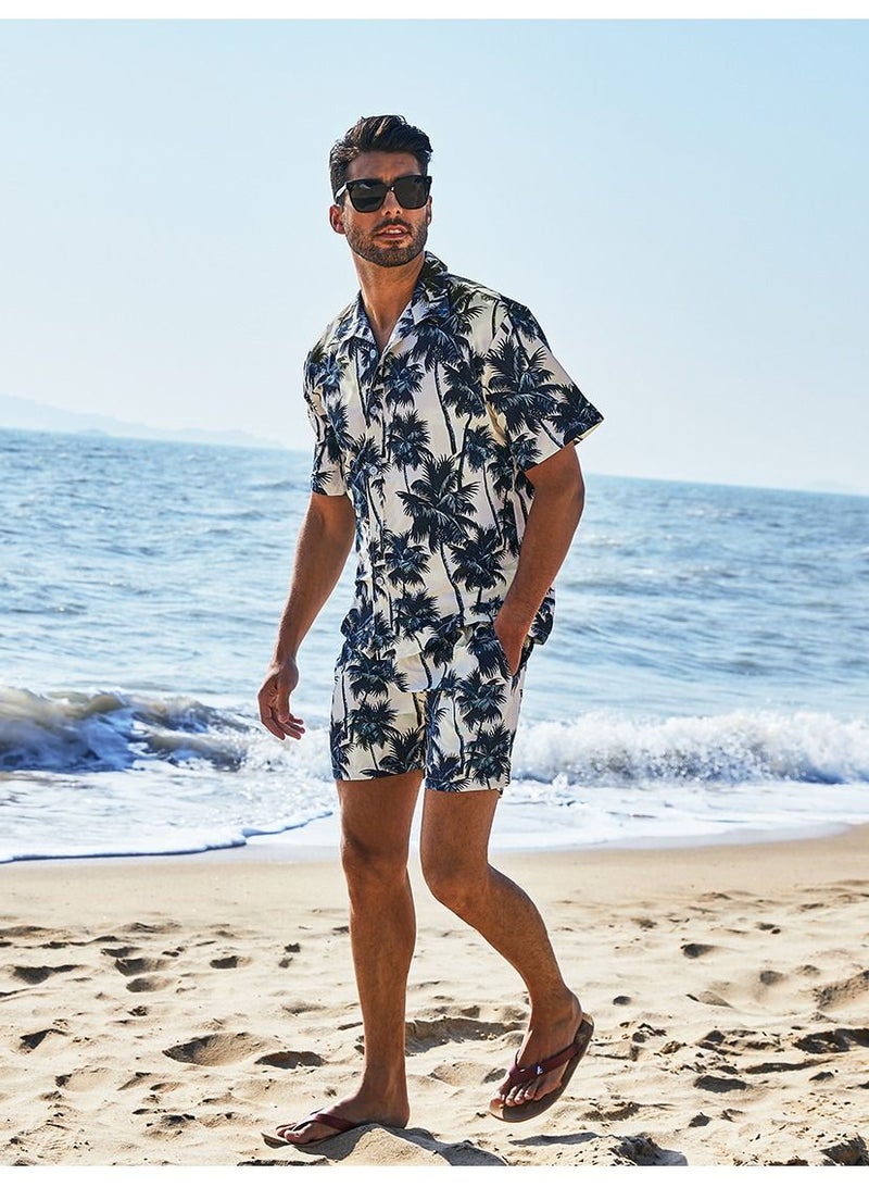 Loquat 2Pcs Leaves Printed Short Sleeves Shirt Blue  - Image 2