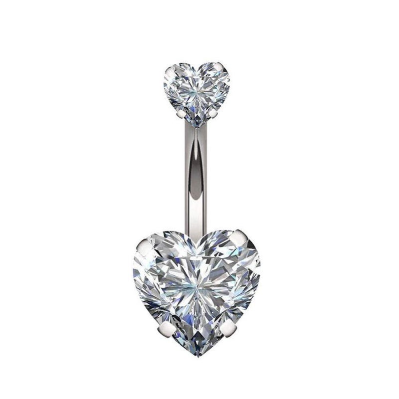YHMM 14G Surgical Steel Belly Button Rings Double Heart Cubic Zirconia Navel Barbell Stud Body Piercing (A: Silver Tone) - Image 1
