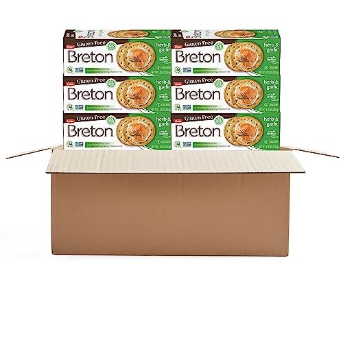 Dare Breton Gluten Free Crackers Herb and Garlic 476 oz Box Pack of 6 Healthy Gluten Free Snacks with No Artificial Colors or Flavors Made with Tapioca Flour and Green Lentil Flour