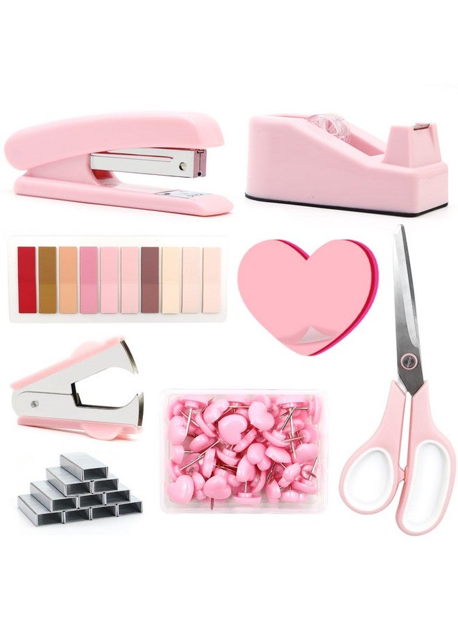 Sportsvoutdoors Pink Desk Accessories, Pink Office Supplies, Stapler And Tape Dispenser Set, Pink Desk Accessory Kit, Gift For Students, Women, Coworkers, Boss Lady, Office Clerks  - Image 1