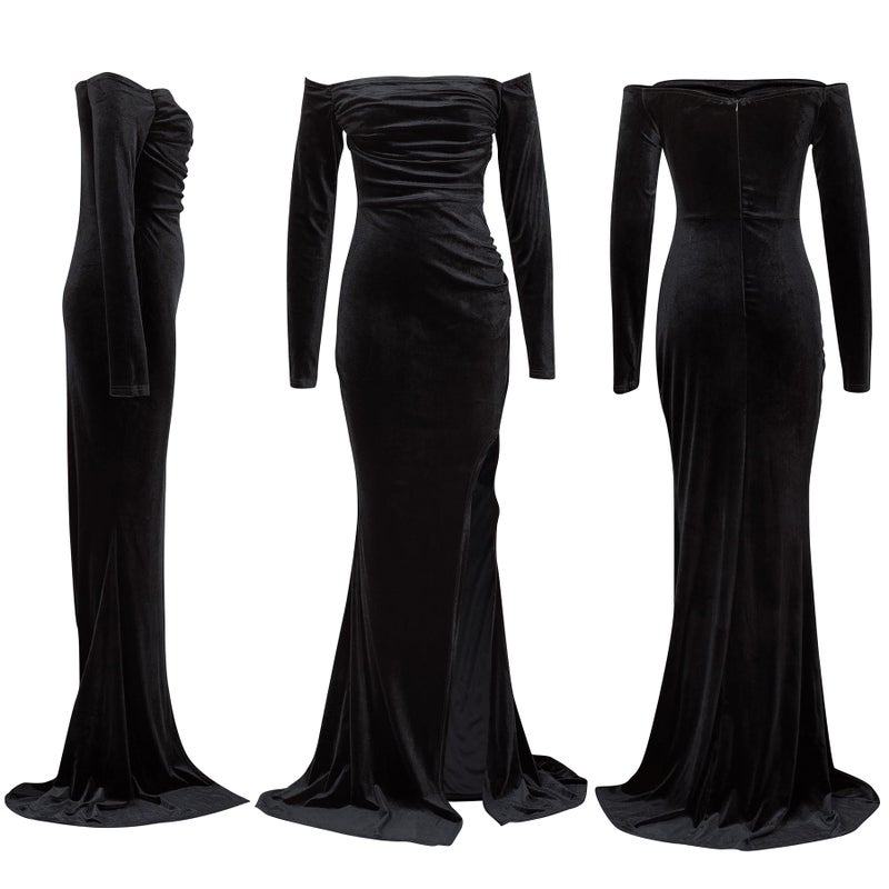 Vakkest Women Off The Shoulder Formal Dresses Long Sleeve Evening Party Velvet Maxi Dress High Split Cocktail Gowns Black - Image 4