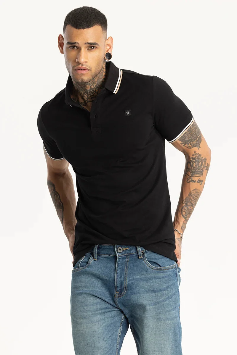 SNITCH Black Slim Fit Polo T-Shirt