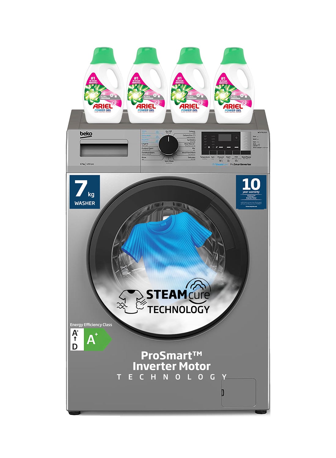 7 kg Front Load Washing Machine, 1200 RPM, 15 Programmes, Low Noise, Quick wash 14/28 Minutes, SteamCure Wash, Digital Display, DrumClean Function, 10 Years Warranty on ProSmart Inverter Motor 7 kg WCV7612US Silver