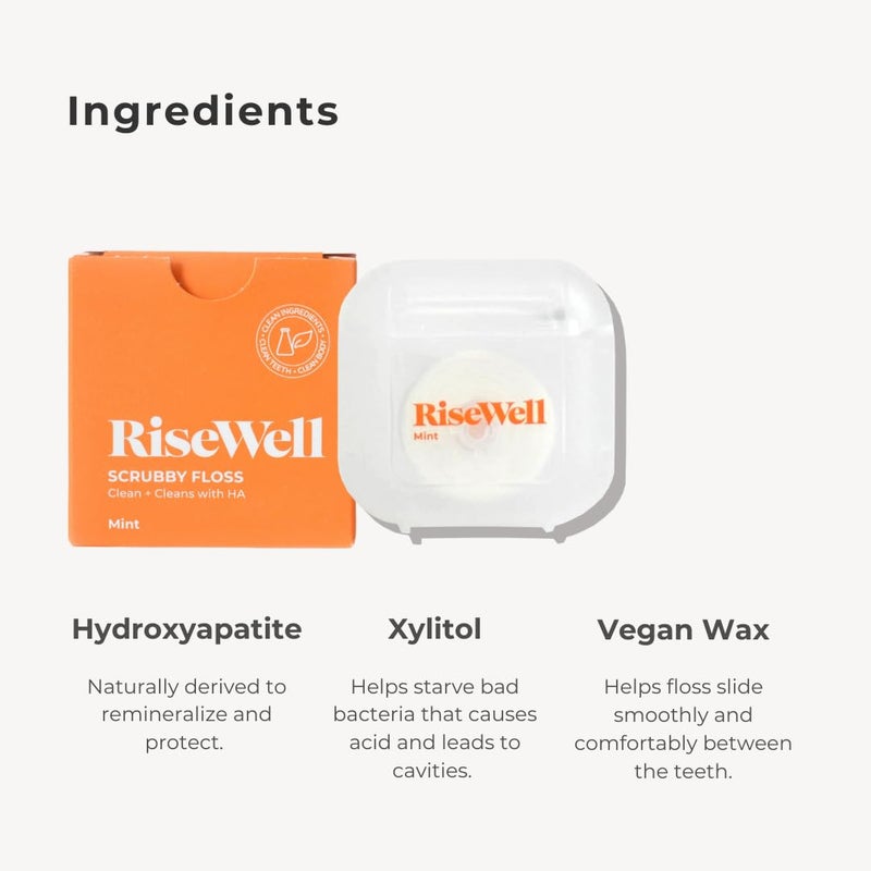RiseWell Scrubby Tooth Floss - Natural PFAS Free Dental Floss for Teeth with Hydroxyapatite and Xylitol - Dentist-Formulated Plaque Remover for Teeth - Vegan, Natural, Expanding, Mint Waxed, 30 Yards - Image 3
