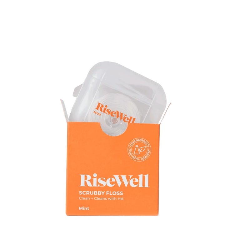 RiseWell Scrubby Tooth Floss - Natural PFAS Free Dental Floss for Teeth with Hydroxyapatite and Xylitol - Dentist-Formulated Plaque Remover for Teeth - Vegan, Natural, Expanding, Mint Waxed, 30 Yards - Image 1