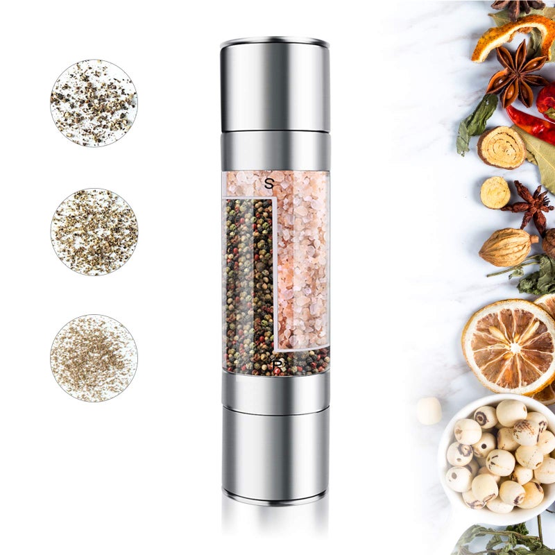 Mixoo Salt and Pepper Grinder  2 in 1 Manual Stainless Steel Salt Pepper Mill Herb Spice Grinder Shakers Refillable with Adjustable Coarseness Ceramic Rotor and Dual Clear Acrylic Chamber