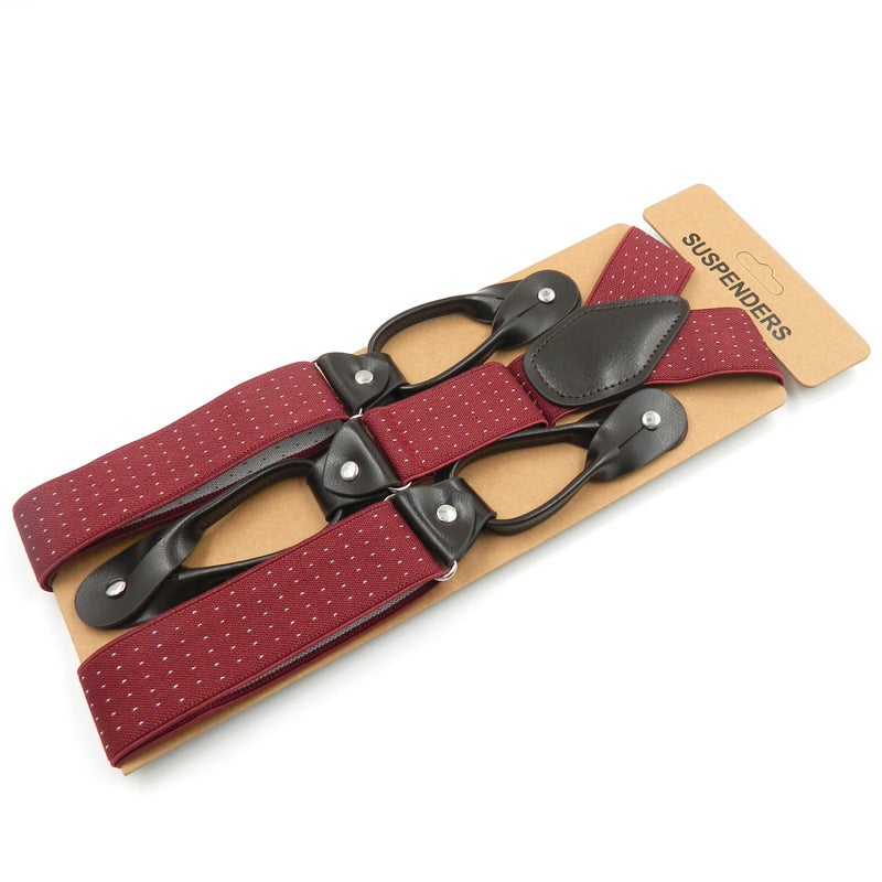 Mens Casual Y-Back Suspenders Elastic Adjustable Wine red dot 