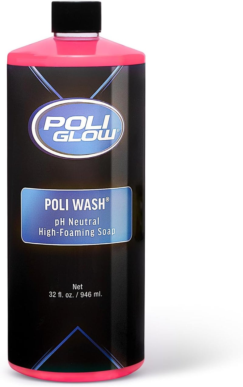 Poli Glow Poli Wash - صابون رغوي مركز للقوارب والمركبات الترفيهية، محايد للأس الهي��روجيني، آمن، منظف للقوارب والمركبات الترفيهية، آمن للطلاءات الخزفية، الألياف الزجاجية، الطلاء الشفاف، طبقة الجل، الألومنيوم، الأسطح المطلية، 32 أونصة - Image 1