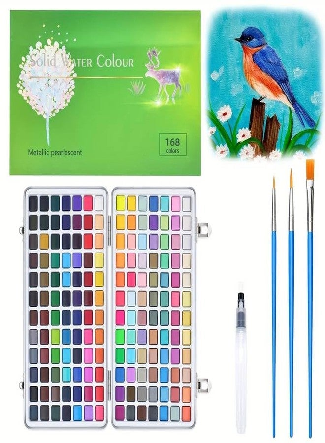 ARROLLIANT Solid Watercolour Paints Set Including Vivid, Metallic, Pearlescent and Fluorescent Colors, Travel Watercolor Set with Brush Pen Portable Watercolour Paint Box Set (168, multi colour set) - Image 1