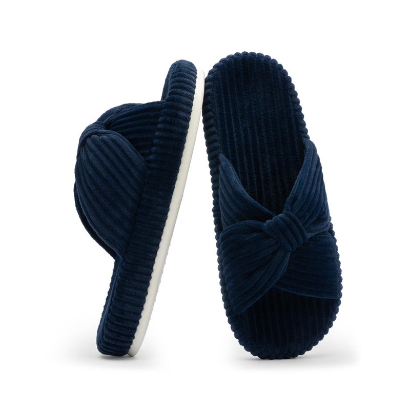 Chantomoo Slippers for Women Memory Foam House Bedroom Corduroy Bow Crossbands Slipper Shoes Comfy Trendy Gift Slippers Navy Blue Size7 8 6.5 - Image 1