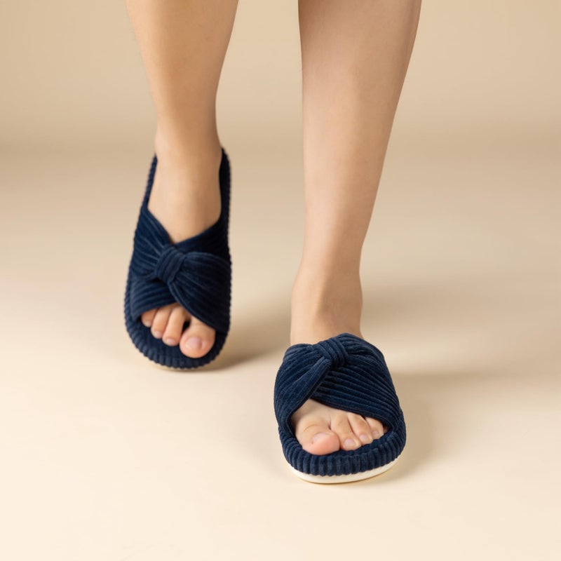 Chantomoo Slippers for Women Memory Foam House Bedroom Corduroy Bow Crossbands Slipper Shoes Comfy Trendy Gift Slippers Navy Blue Size7 8 6.5 - Image 2