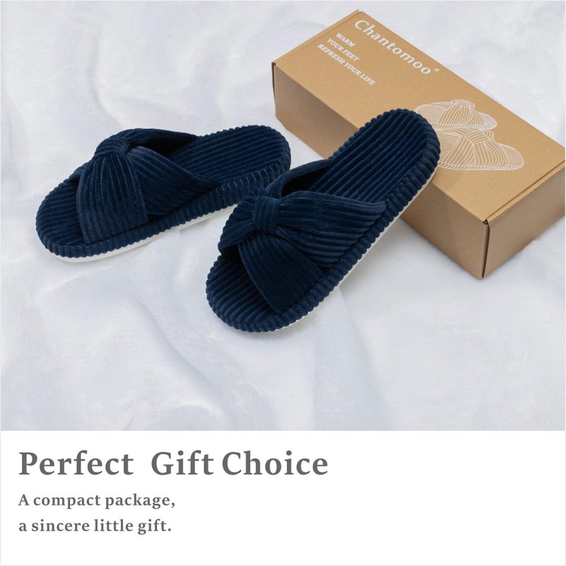 Chantomoo Slippers for Women Memory Foam House Bedroom Corduroy Bow Crossbands Slipper Shoes Comfy Trendy Gift Slippers Navy Blue Size7 8 6.5 - Image 5
