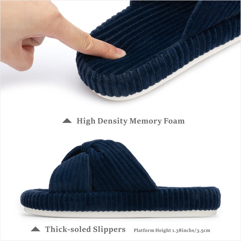Chantomoo Slippers for Women Memory Foam House Bedroom Corduroy Bow Crossbands Slipper Shoes Comfy Trendy Gift Slippers Navy Blue Size7 8 6.5 - Image 3