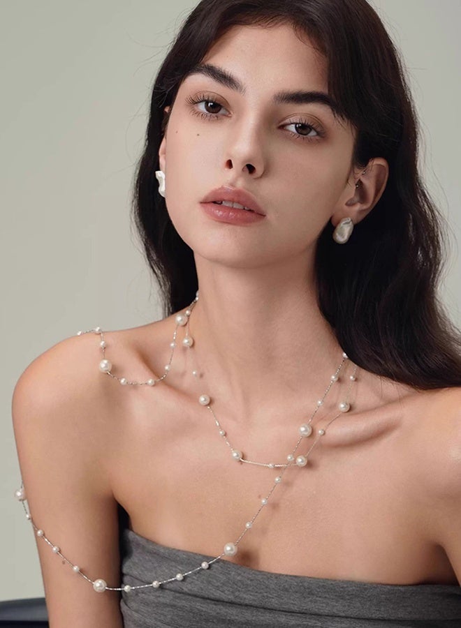 DAEVO Silver Plated Double-Layer Station Pearl Necklace for Women - Image 3