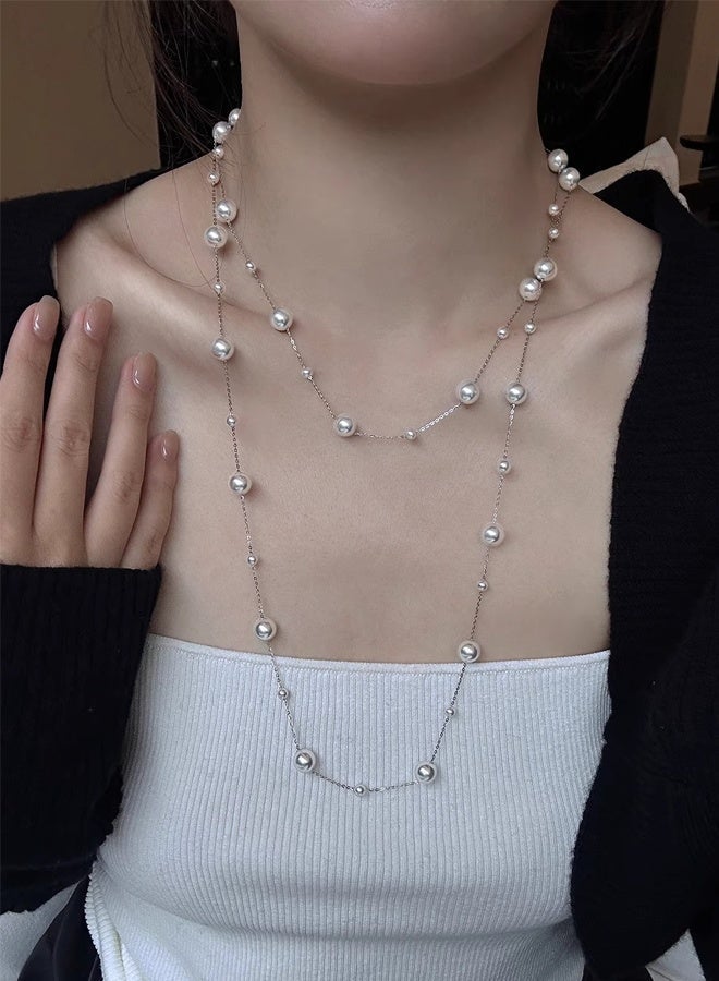 DAEVO Silver Plated Double-Layer Station Pearl Necklace for Women - Image 1