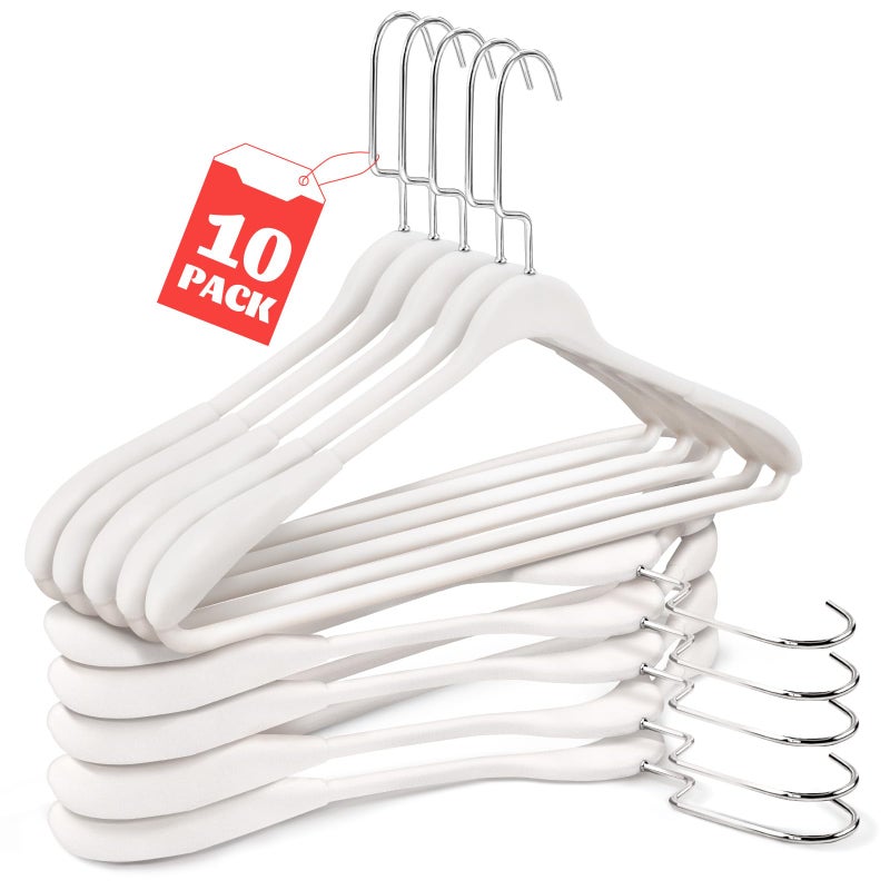 Sishynio 10 Pack Plastic Hangers, Heavy Duty Extra Wide Shoulders White Suit Hangers, Non-Slip 360Â° Metal Swivel Hook with Pants Bar for Thick Sweaters Jacket(White) - Image 1