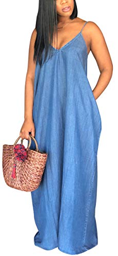sexycherry Long Maxi Dresses for Women Sexy Denim Beach Summer Dress Casual Spaghetti Strap Sundress with Pockets(Large) - Image 3