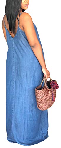 sexycherry Long Maxi Dresses for Women Sexy Denim Beach Summer Dress Casual Spaghetti Strap Sundress with Pockets(Large) - Image 2