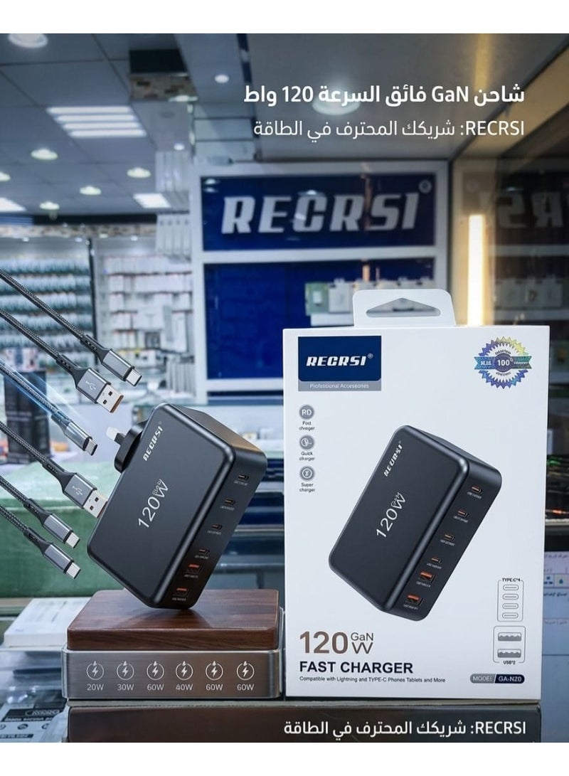 شاحن RECRSI فائق السرعة بقدرة 120 واط والمزود بتقنية GaN