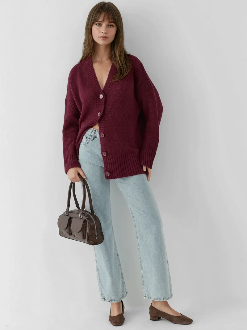 HICCUP Burgundy Red Thick V-Neck Knitwear Cardigan for Women | Best Price UAE
