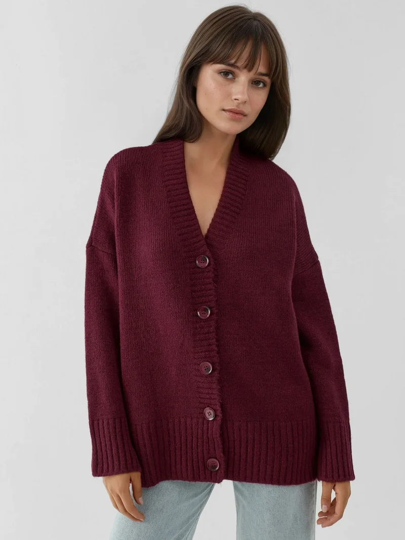 HICCUP Burgundy Red Thick V-Neck Knitwear Cardigan for Women | Best Price UAE
