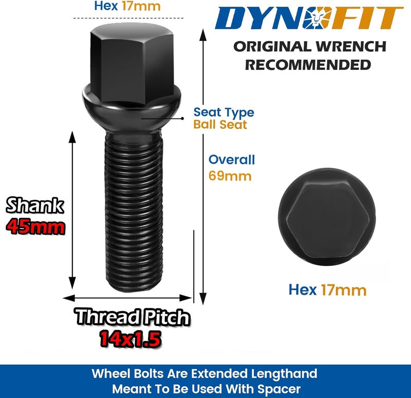 SOOMJ dynofit 14x1.5 Extended Lug Bolts for Wheel Spacers - 20pcs 45mm Shank/69mm Tall Ball Seat - Image 2