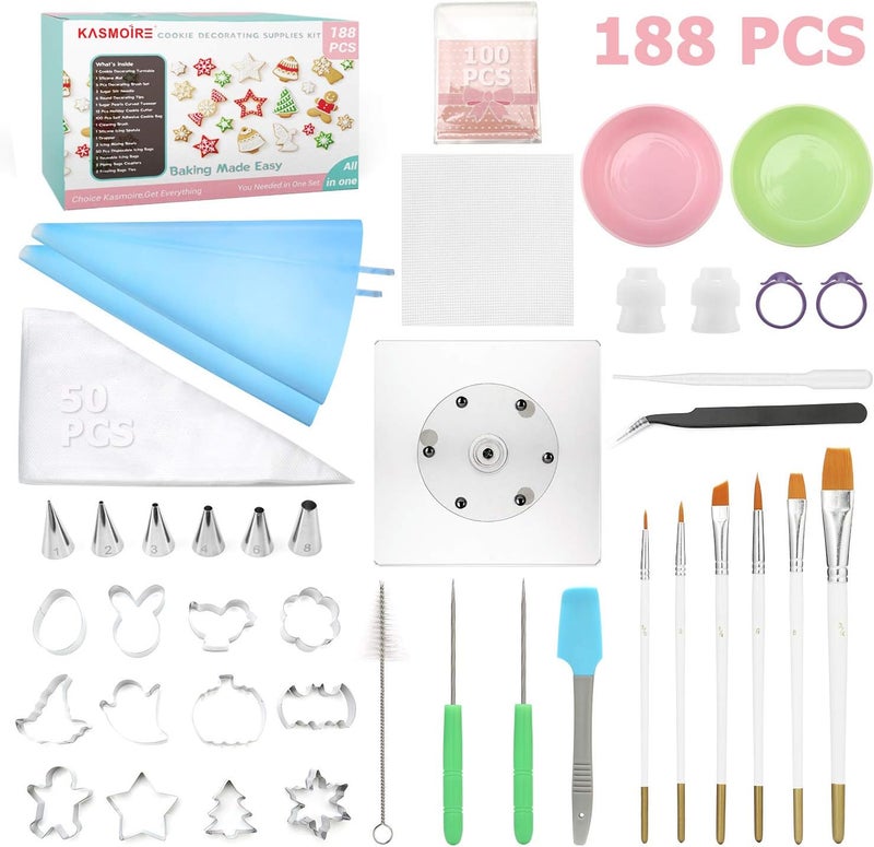 Kasmoire 188pcs Cookie Decorating Supplies Kit(ALL-IN-ONE),with 12pcs holiday cookie cutter,Mixing Tools,Piping Tools,Decorating Tools and 100pcs Cookies Bags for Beginners and Decorator - Image 1