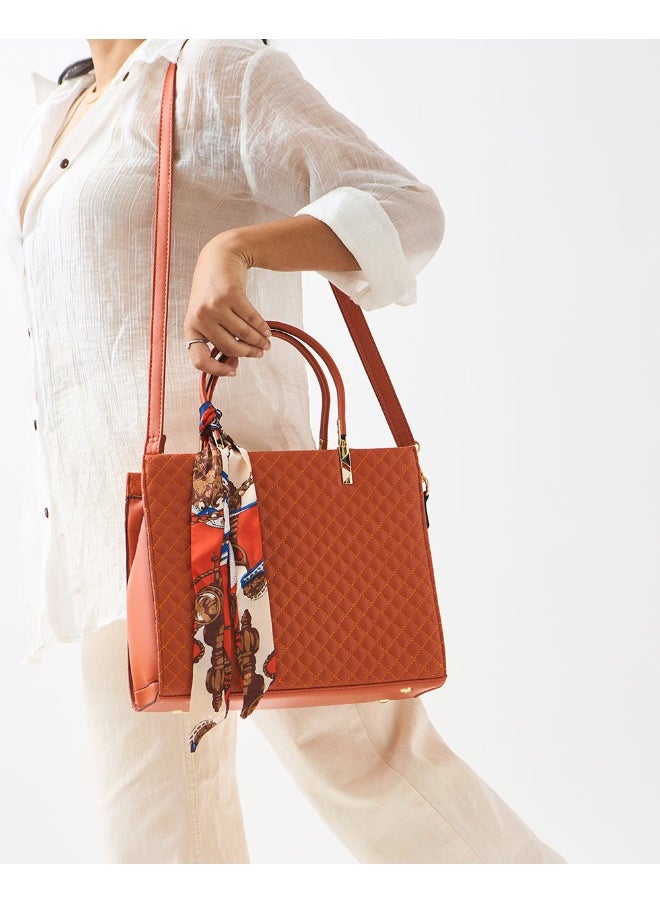 Chumbak Brick Quilted Handbag with Scarf | Rust  - Image 2