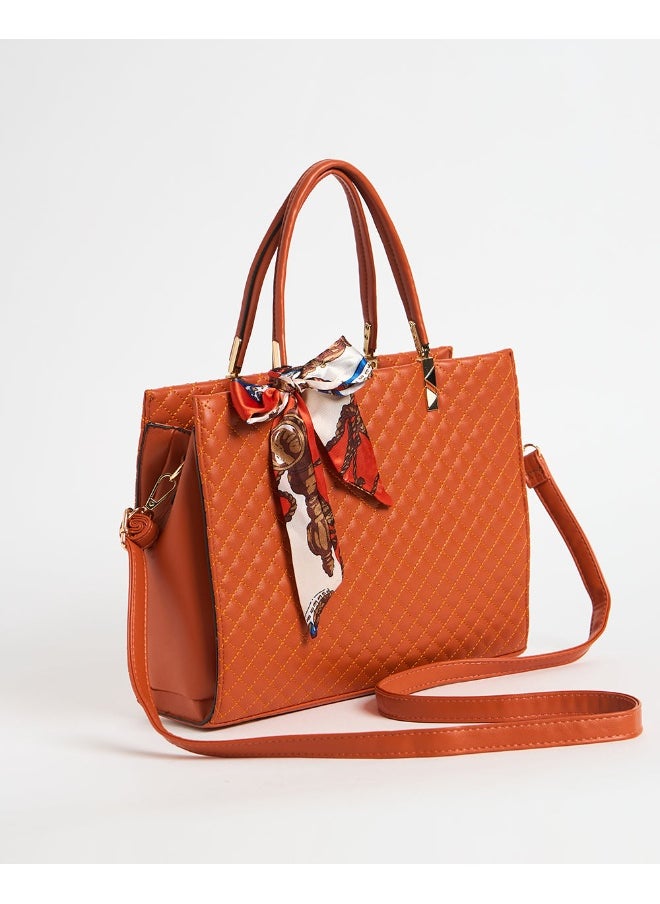 Chumbak Brick Quilted Handbag with Scarf | Rust  - Image 3