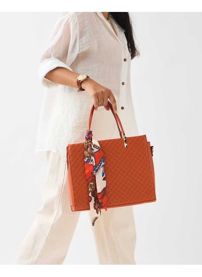 Chumbak Brick Quilted Handbag with Scarf | Rust  - Image 1