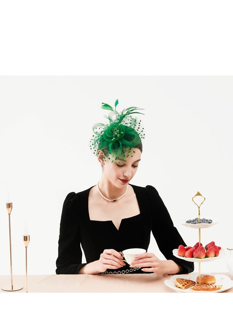 Elegant Green Fascinator Hat with Flower Mesh, Ribbons & Feathers for Women & Girls - Perfect Tea Party Accessory - Image 3