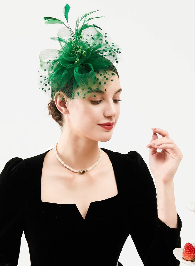 Elegant Green Fascinator Hat with Flower Mesh, Ribbons & Feathers for Women & Girls - Perfect Tea Party Accessory - Image 2