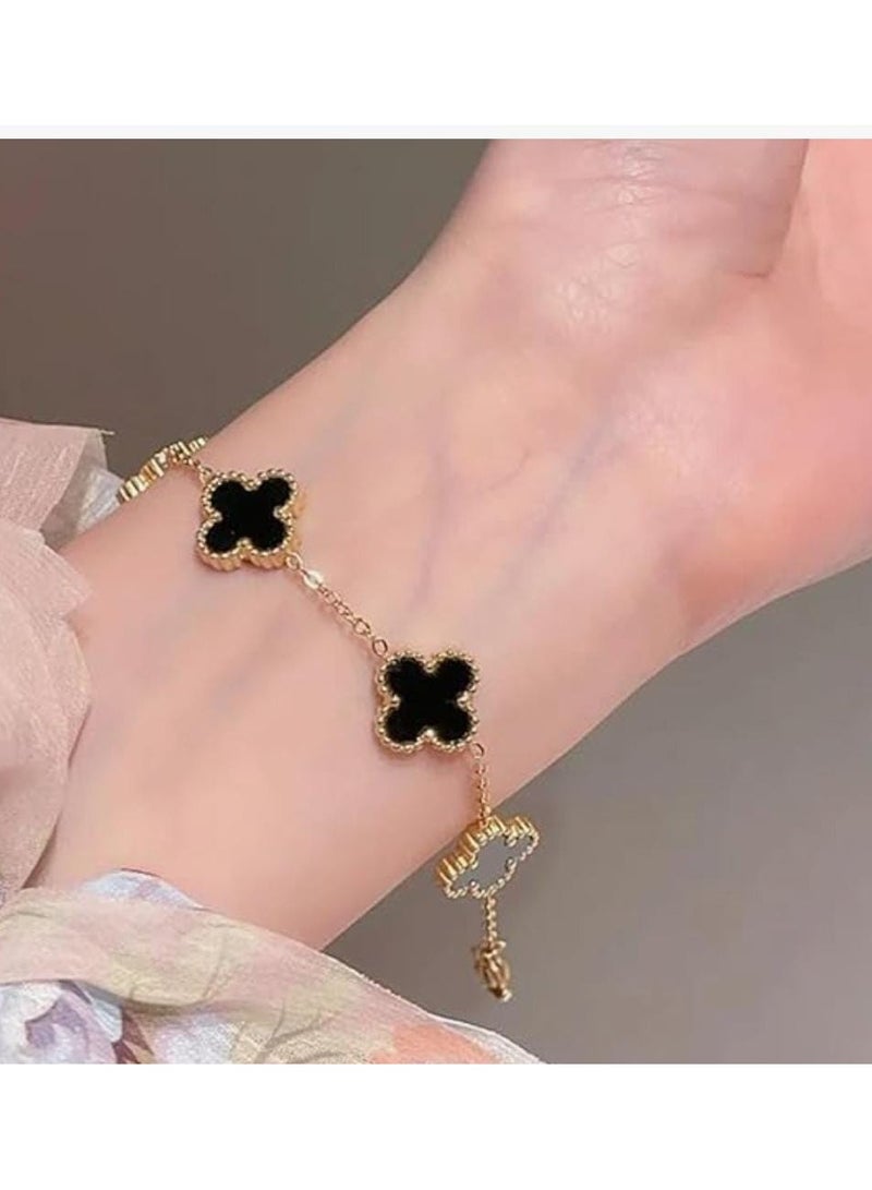 Luxuria 18K Gold Plated Stainless Steel Four Leaf Clover Bracelet for Women - Black - Image 2