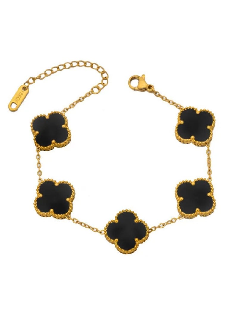 Luxuria 18K Gold Plated Stainless Steel Four Leaf Clover Bracelet for Women - Black - Image 1