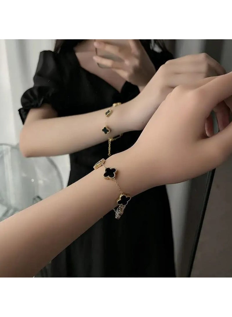Luxuria 18K Gold Plated Stainless Steel Four Leaf Clover Bracelet for Women - Black - Image 4