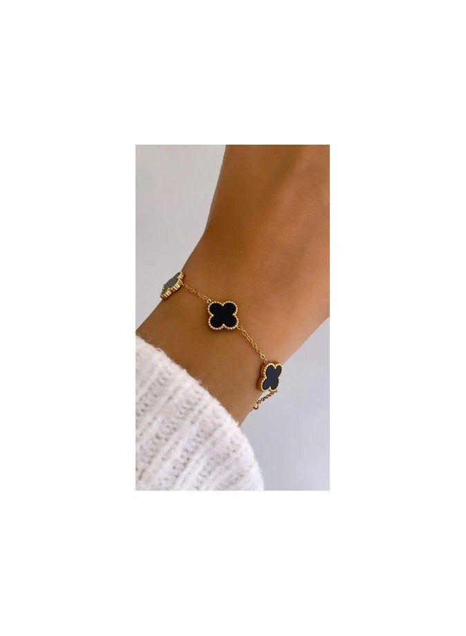 Luxuria 18K Gold Plated Stainless Steel Four Leaf Clover Bracelet for Women - Black - Image 3