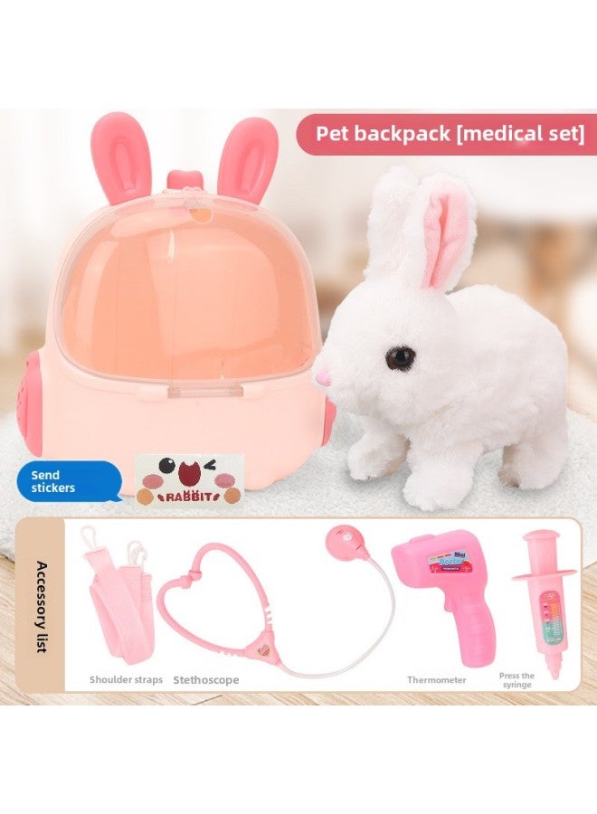 Children's Storage Backpack Toys Electric Simulation Rabbit Dolls Will Walk And Call Pets To Dress Up Family Gifts-Colour:Long Ear Backpack + White Rabbit Comes With Stickers -Specification:Color Box - Image 1