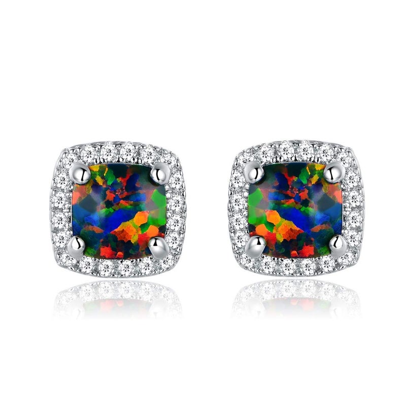 Barzel 18K White Gold Plated Created Black Opal Stud Earrings for Women (White Gold Black Opal) - Image 1