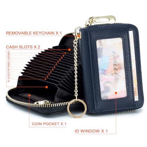imeetu RFID Credit Card Holder, Small Leather Zipper Card Case Wallet with Keychain and ID Window for Women (Pro,Blue) - Image 3