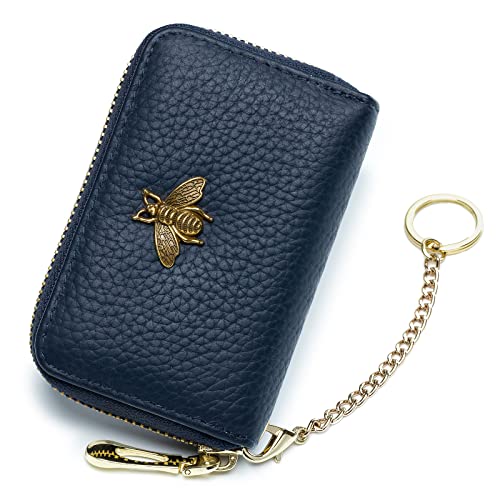 imeetu RFID Credit Card Holder, Small Leather Zipper Card Case Wallet with Keychain and ID Window for Women (Pro,Blue) - Image 1