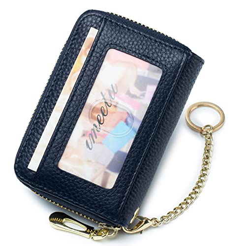 imeetu RFID Credit Card Holder, Small Leather Zipper Card Case Wallet with Keychain and ID Window for Women (Pro,Blue) - Image 2
