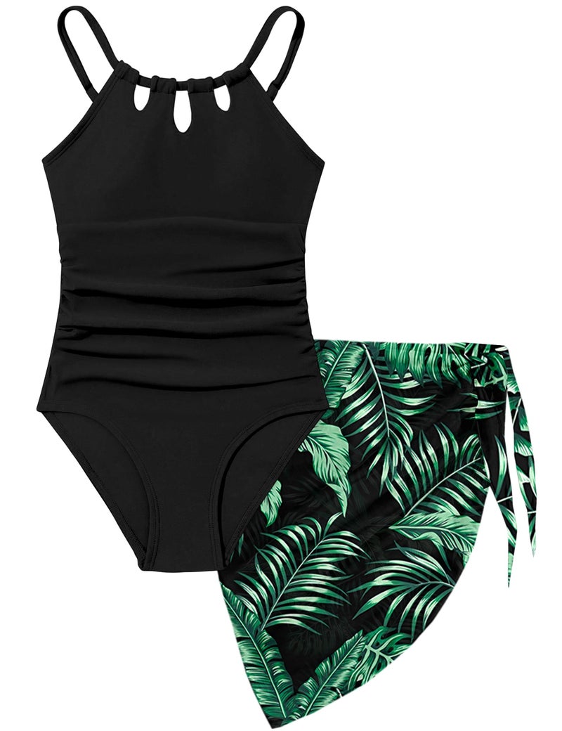 KANGKANG Girls Swimsuit Girls Bathing Suits Size 1012 Quick Dry Cut Out One Piece Swimsuits with Tropical Print Cover Up Skirt Teen Bathing Suits Swimwear Set