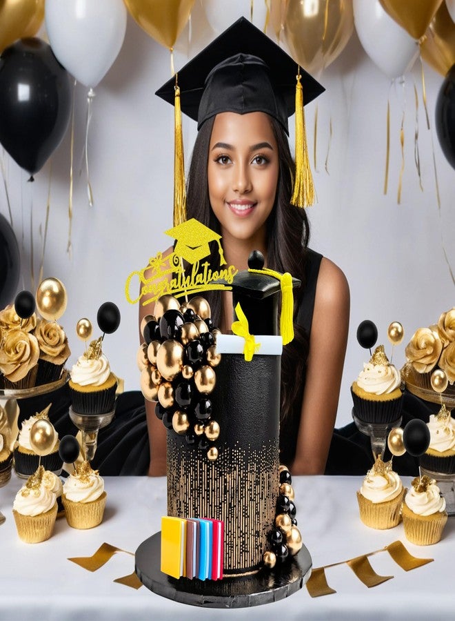 RASSLISA 50 قطعة من زينة تزيين كعكة التخرج باللون الأسود الذهبي لحفلات التخرج والتهنئة - Image 5