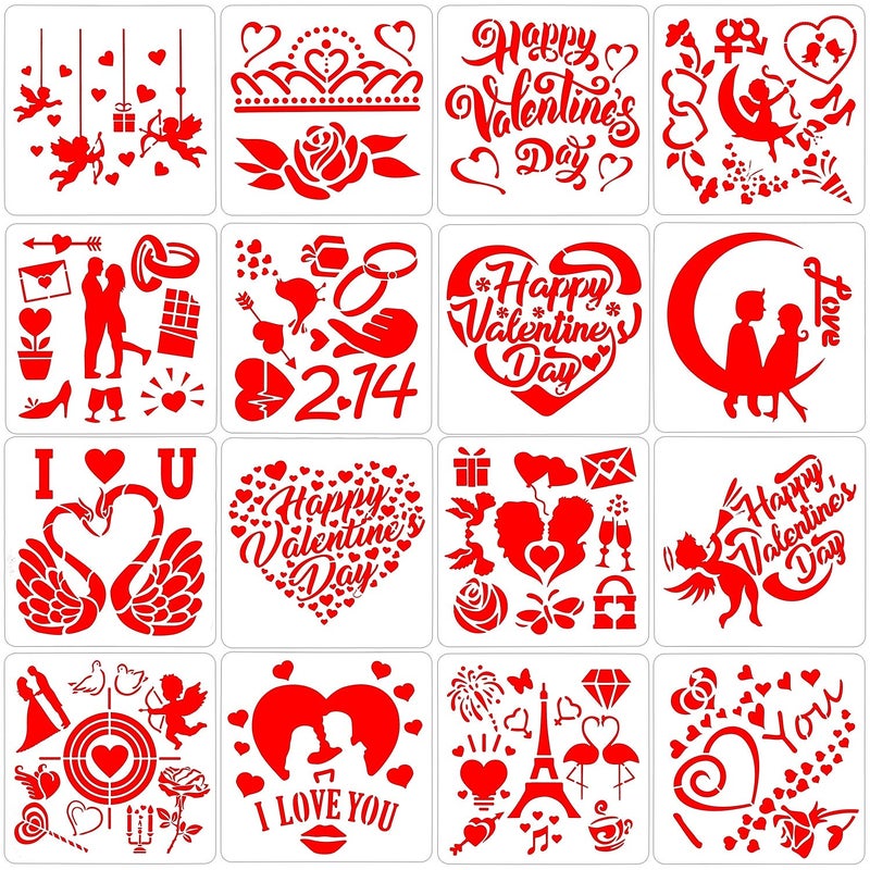 Konsait 16pack Valentine's Day Stencils Reusable Template Stencils for Valentines Painting- Gift/Envelopes/Scrapbooks/Crafts/Photo Album/for Women Card Decoration Valentines Day Party Favor Supplies - Image 1