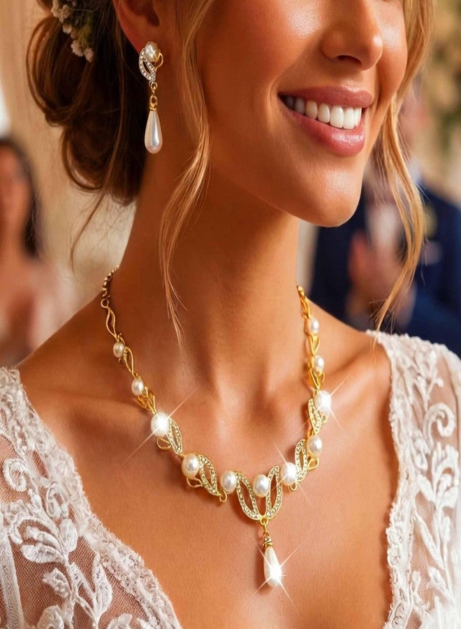 CLOACE Gold Pearl Bridal Wedding Jewelry Set Rhinestone Necklace Earrings Sets Costume Jewelry for Women and Brides (Gold) - Image 3