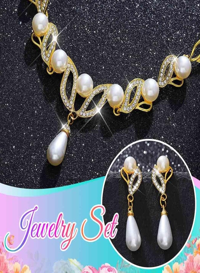 CLOACE Gold Pearl Bridal Wedding Jewelry Set Rhinestone Necklace Earrings Sets Costume Jewelry for Women and Brides (Gold) - Image 4