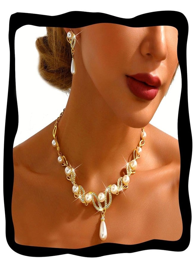 CLOACE Gold Pearl Bridal Wedding Jewelry Set Rhinestone Necklace Earrings Sets Costume Jewelry for Women and Brides (Gold) - Image 1